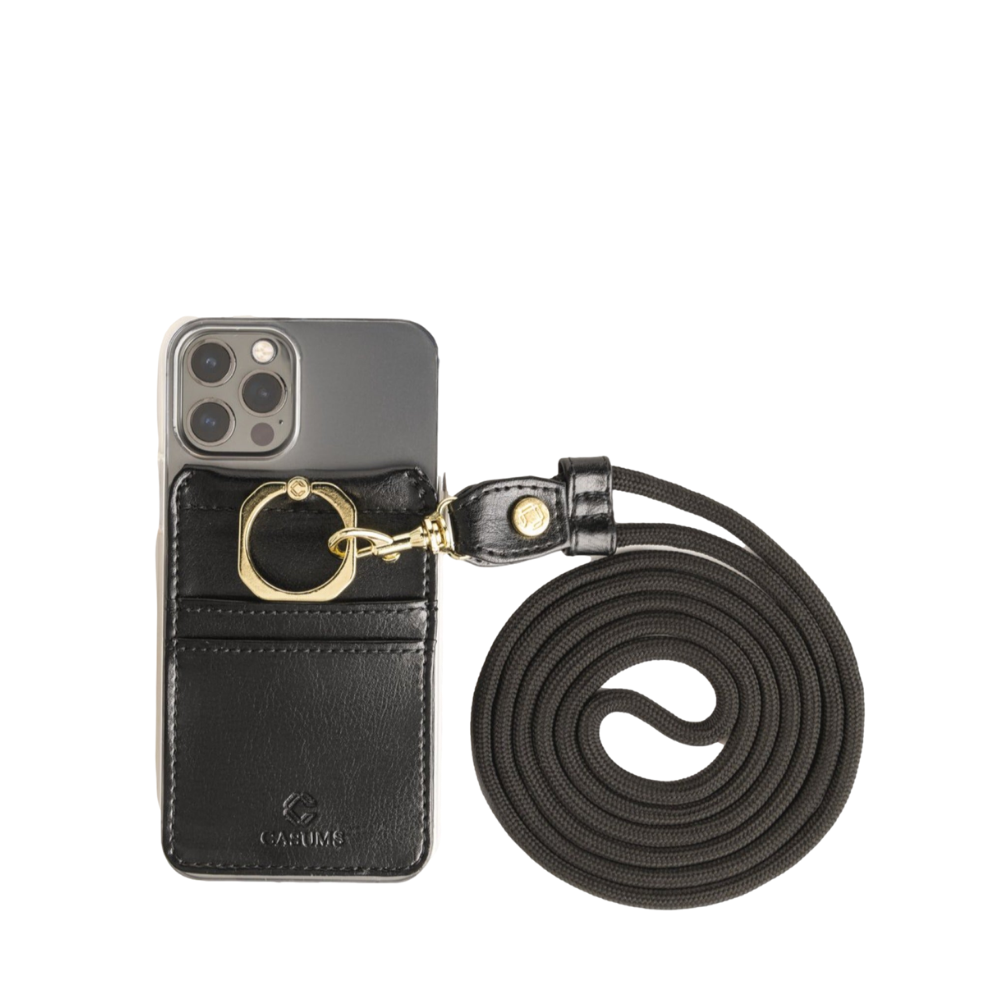 Phone Lanyard Wallet - Onyx (black) - Gold Toned Hardware