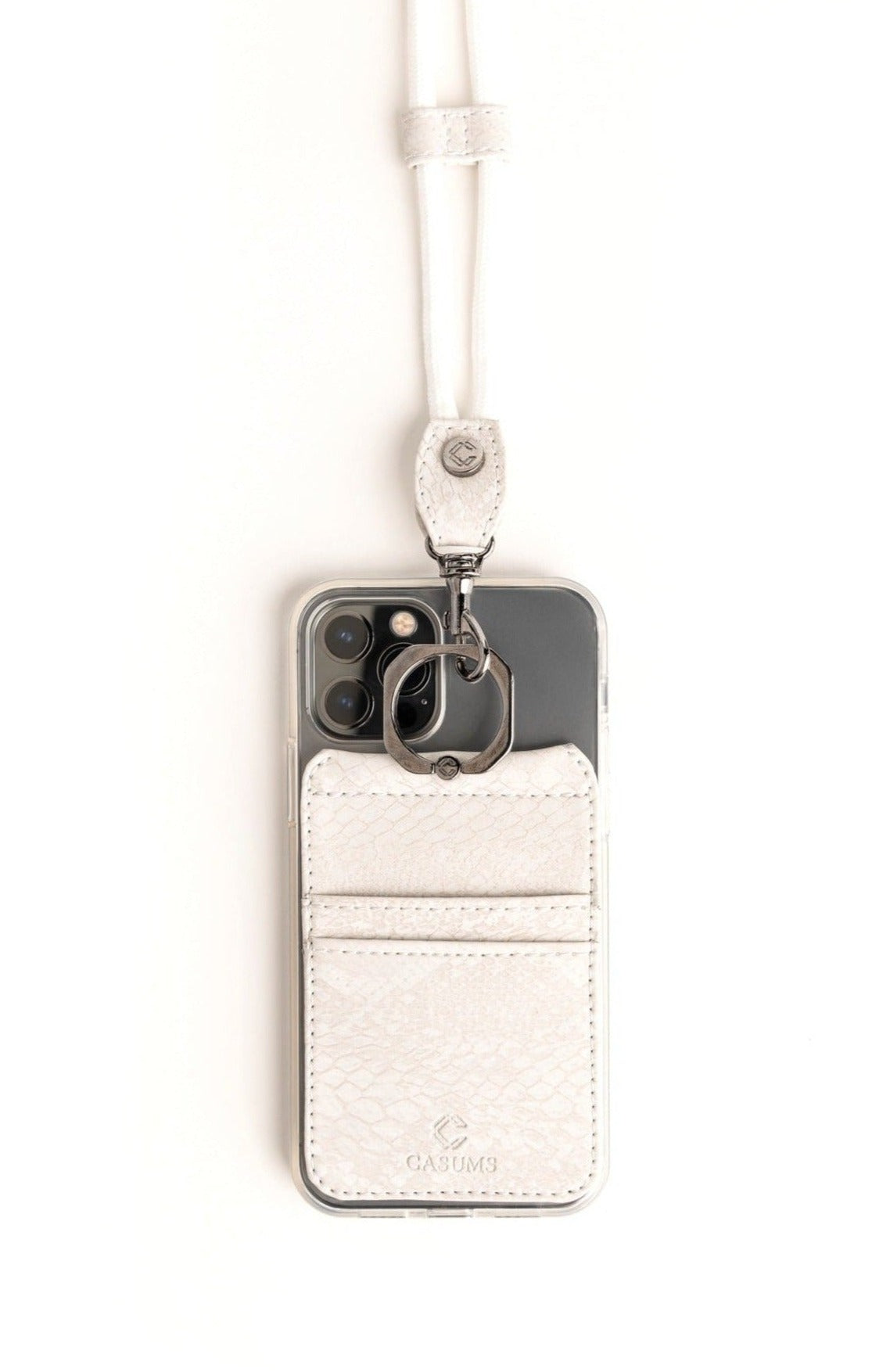 Phone Lanyard Wallet - Ivory (white) Faux Snake - Gunmetal Toned Hardware