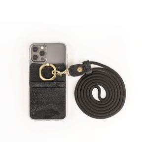 Phone Lanyard Wallet - Ebony (black) Faux Snake - Gold Toned Hardware