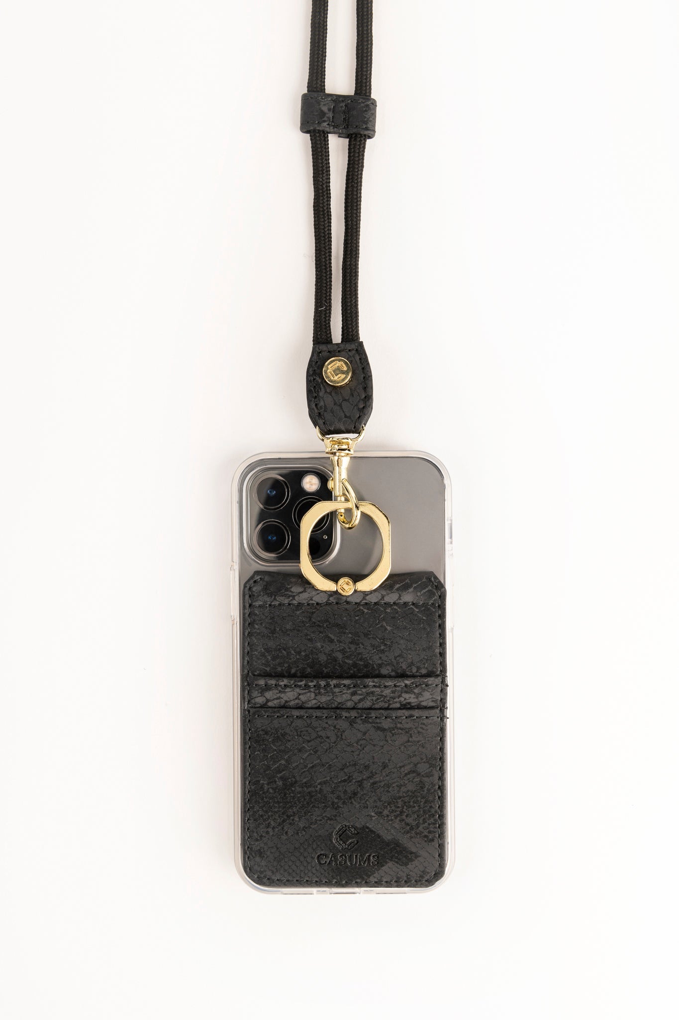 Phone Lanyard Wallet - Ebony (black) Faux Snake - Gold Toned Hardware